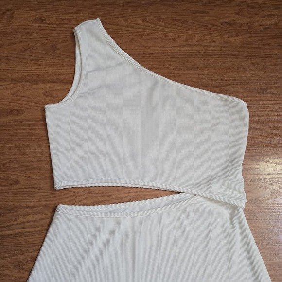 White Midi Rib Knit Dress Women's Sz Large Cutout Slit Bridal Bachelorette Party - Picture 2 of 9